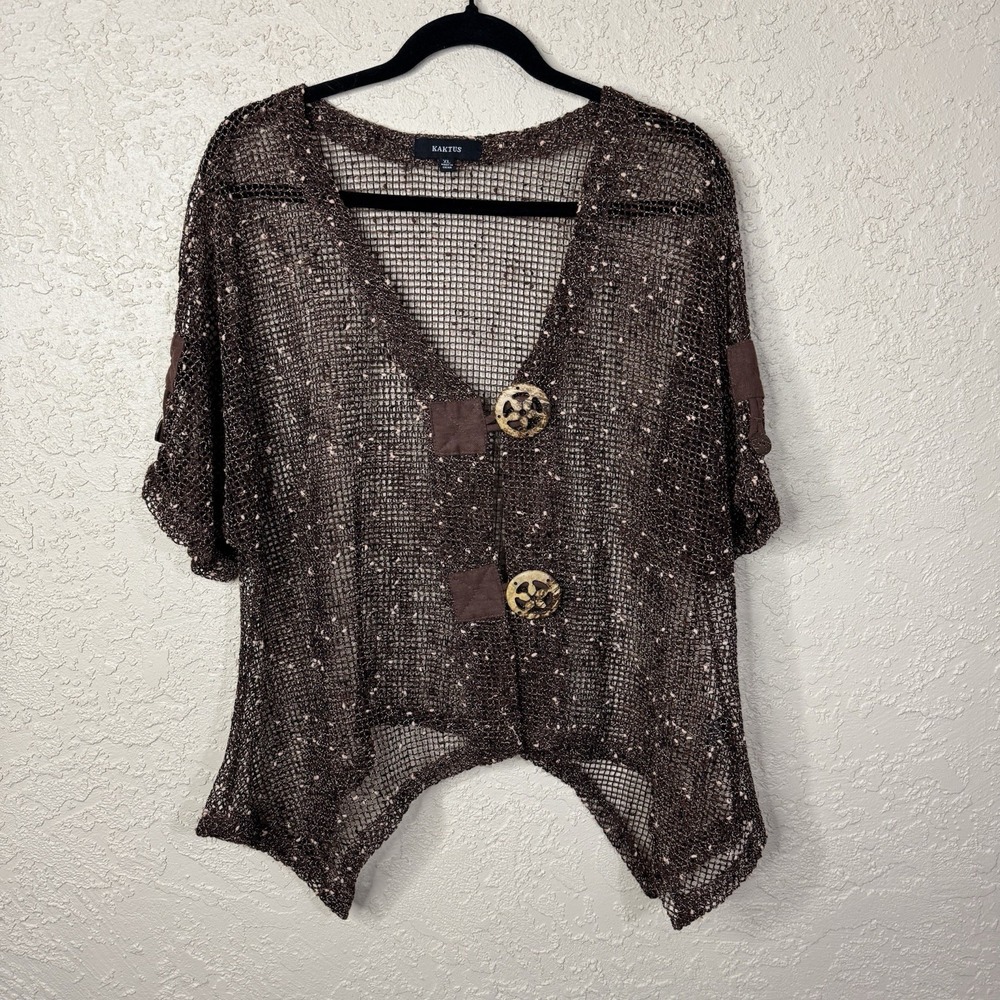 Kaktus Women's Open Weave Mesh Top Size XL Brown Lagenlook Boho Artsy Earthy